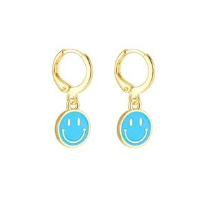 Gold Smiley Face Hoop Earrings | Blue Happy Face Charm Hoops | Novelty Jewelry